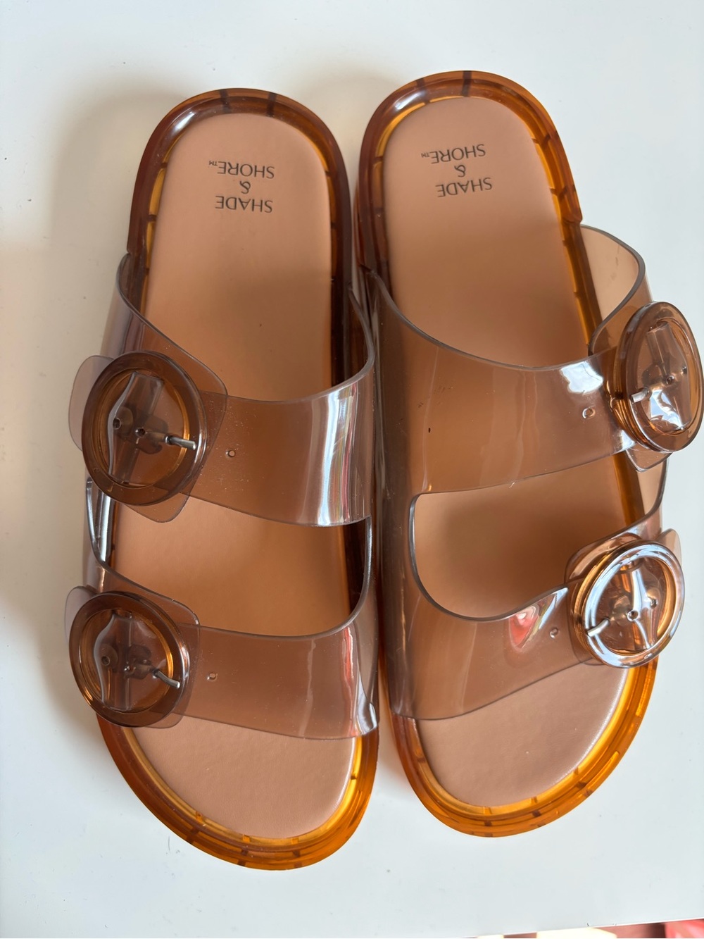 Shade & Shore Amber Brown Clear Double-Buckle Slide Sandals